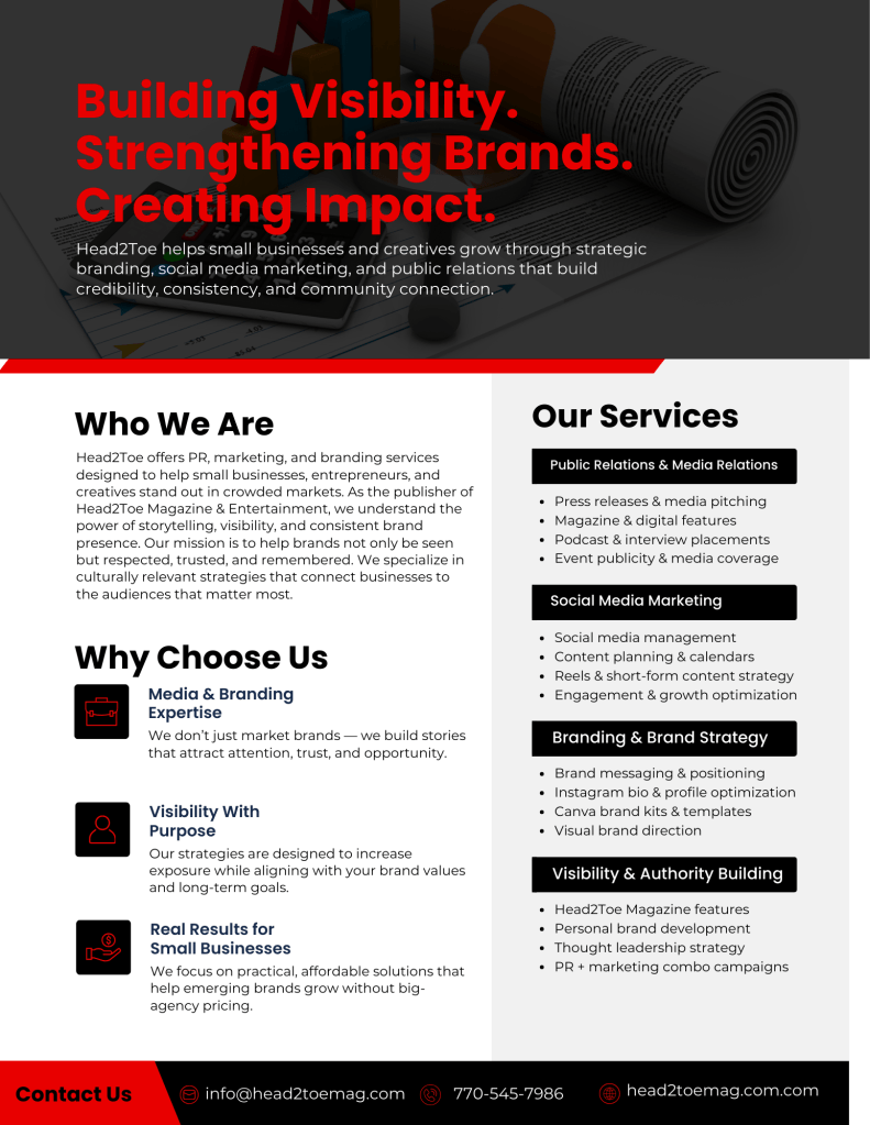 Flyer for Head2Toe Magazine's PR and Branding services